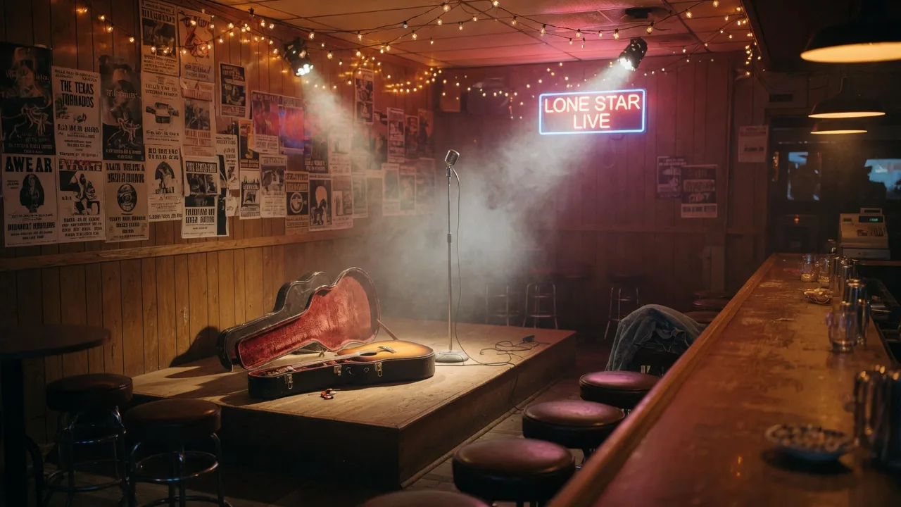 Warm amber lighting on a small-town Texas music bar stage with a microphone stand and guitar cases before showtime