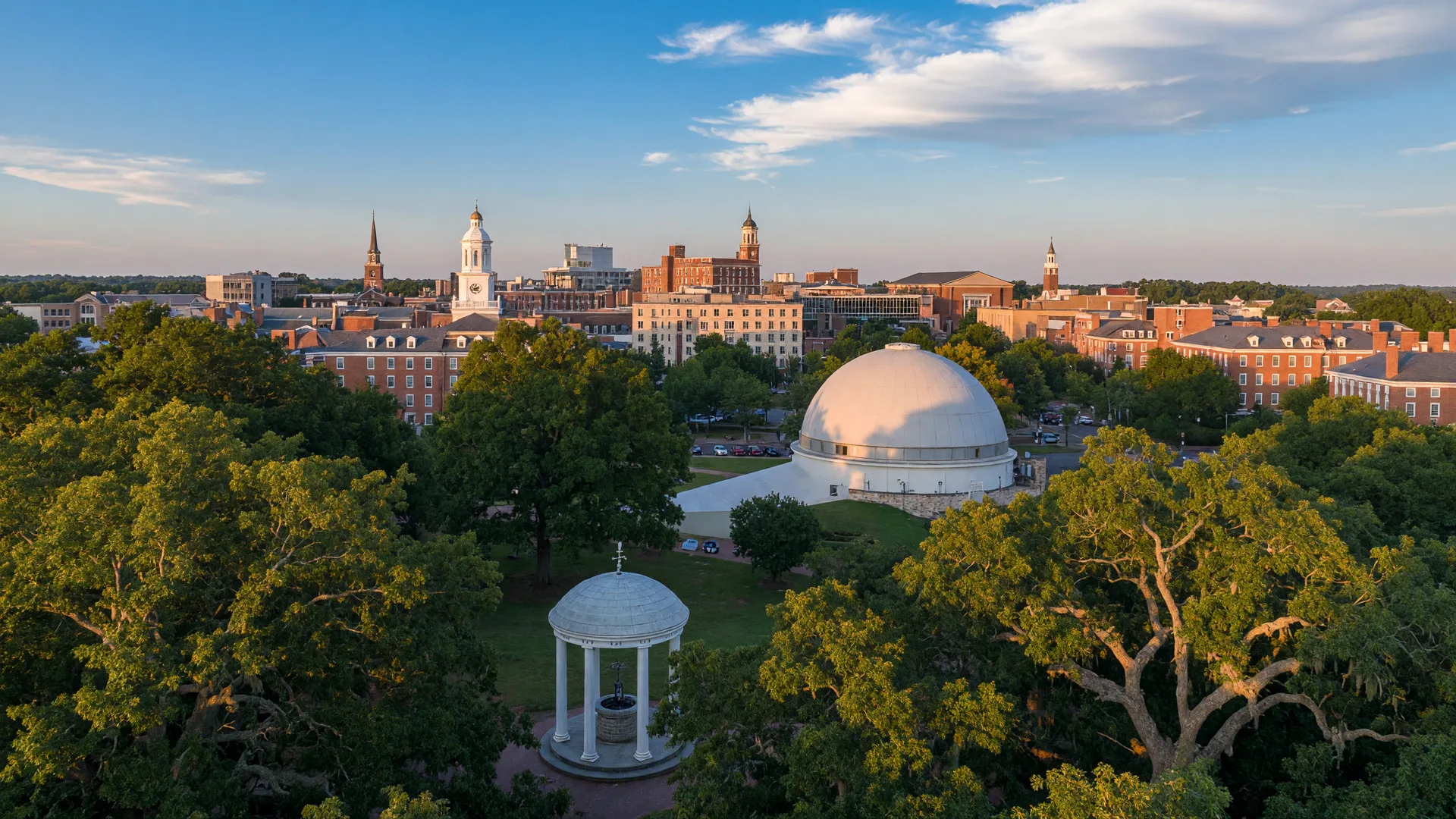 Chapel Hill NC skyline with UNC Chapel Hill Old Well and Morehead Planetarium dome