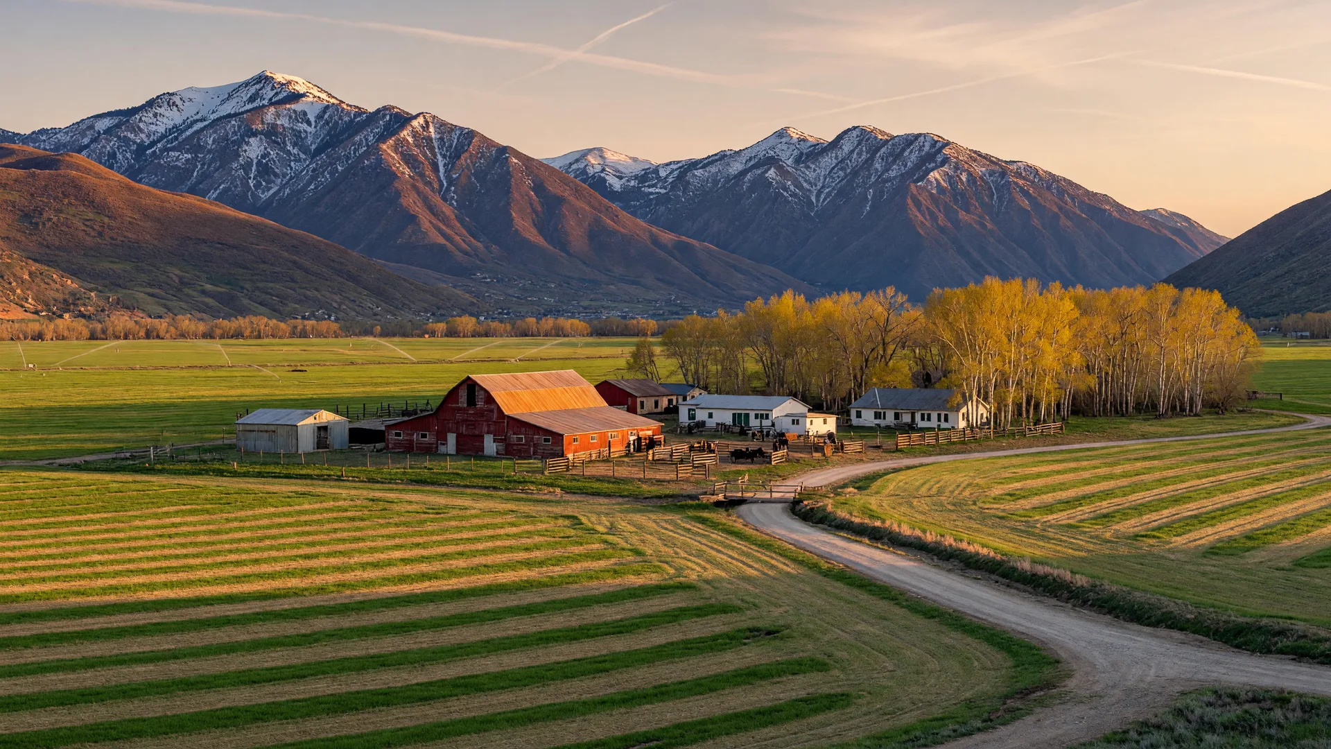 Golden-hour view of a working ranch valley in the Wasatch Back of Utah with irrigated hay meadows, a red barn, and snow-dusted peaks