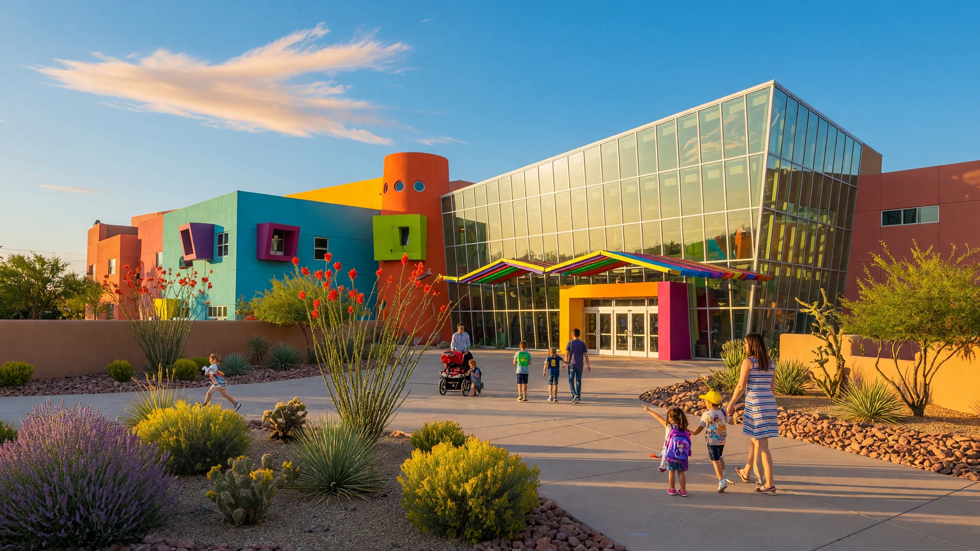 Colorful exterior of Explora Science Center in Albuquerque's Old Town with families approaching the entrance