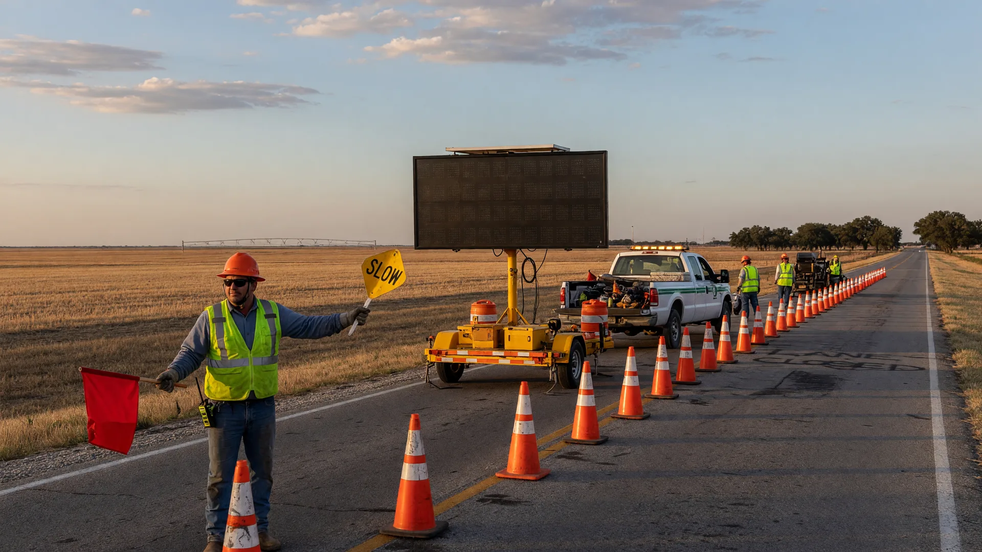 A highway maintenance work zone on a rural Texas two-lane road with orange cones, a message board, and a flagger in a safety vest under late afternoon light