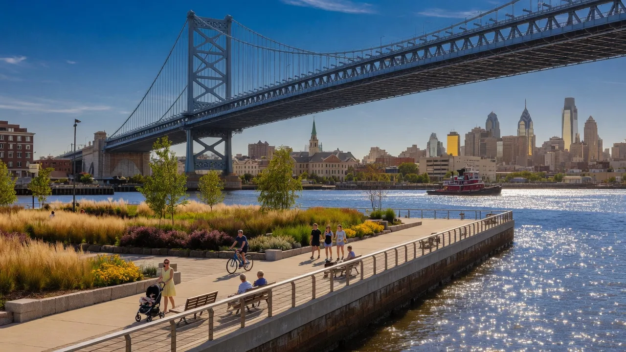 Race Street Pier on the Delaware River waterfront in Old City Philadelphia with the Benjamin Franklin Bridge visible