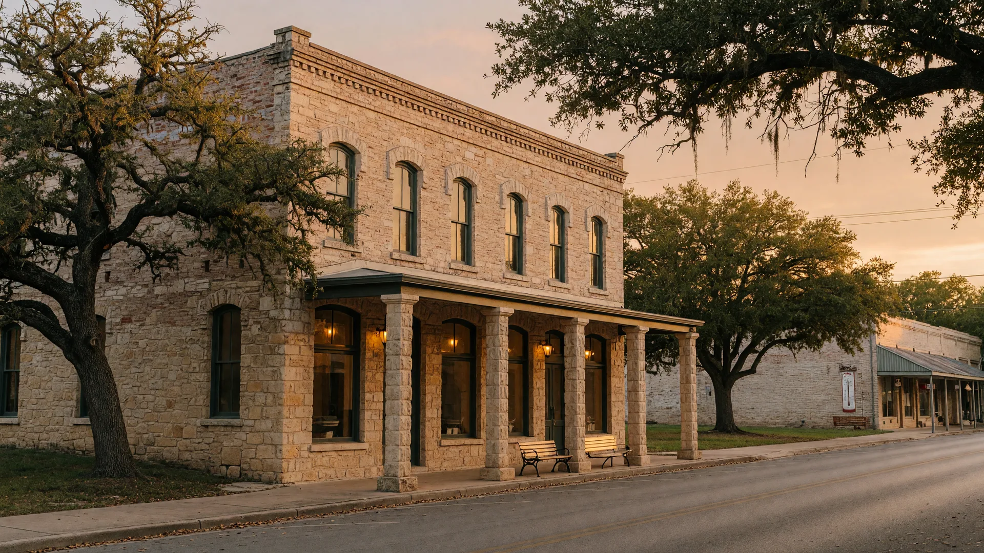A restored 1880s German limestone commercial building on a Hill Country main street at golden hour, warm light in the windows of a bakery and bistro