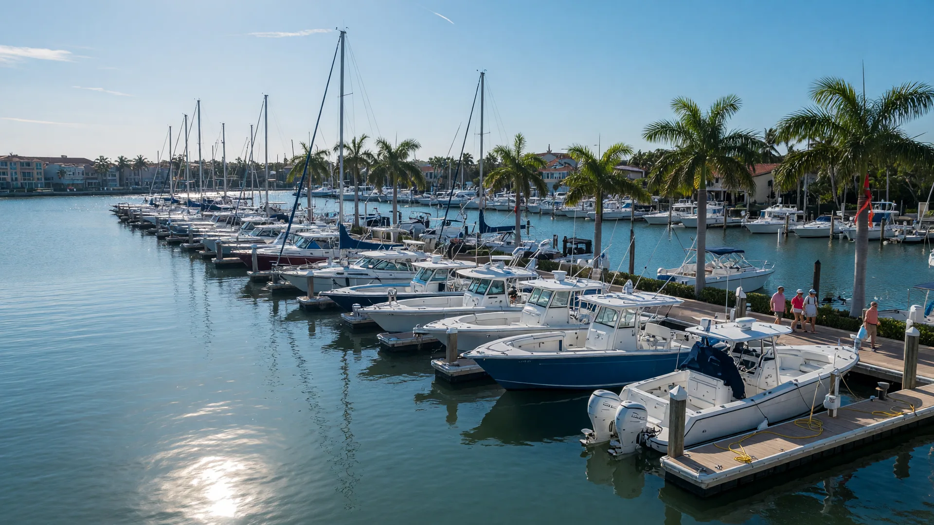 Powerboats and sailboats moored along the floating docks at the Marco Boat Show at Marco Island Yacht Club on a sunny October morning