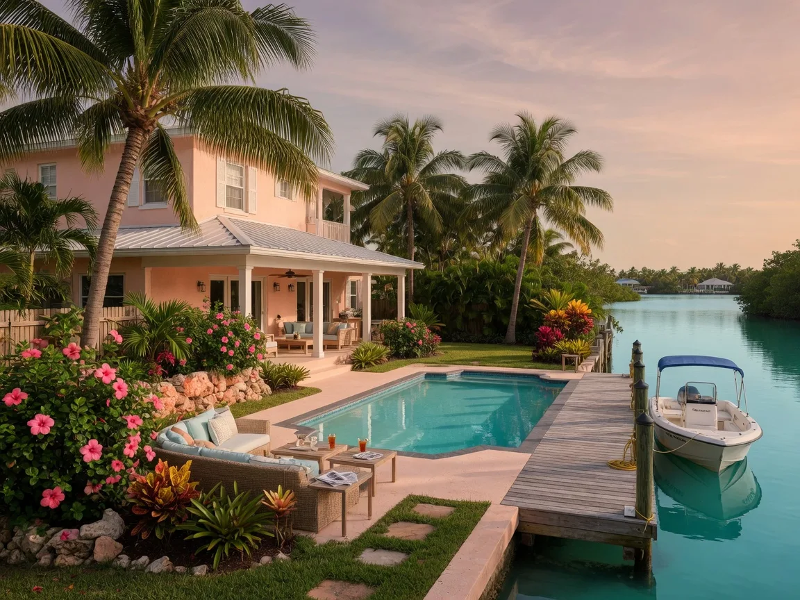 Luxurious canal-front home in Tavernier with tropical garden, private swimming pool, outdoor living area, and dock extending into calm turquoise canal water