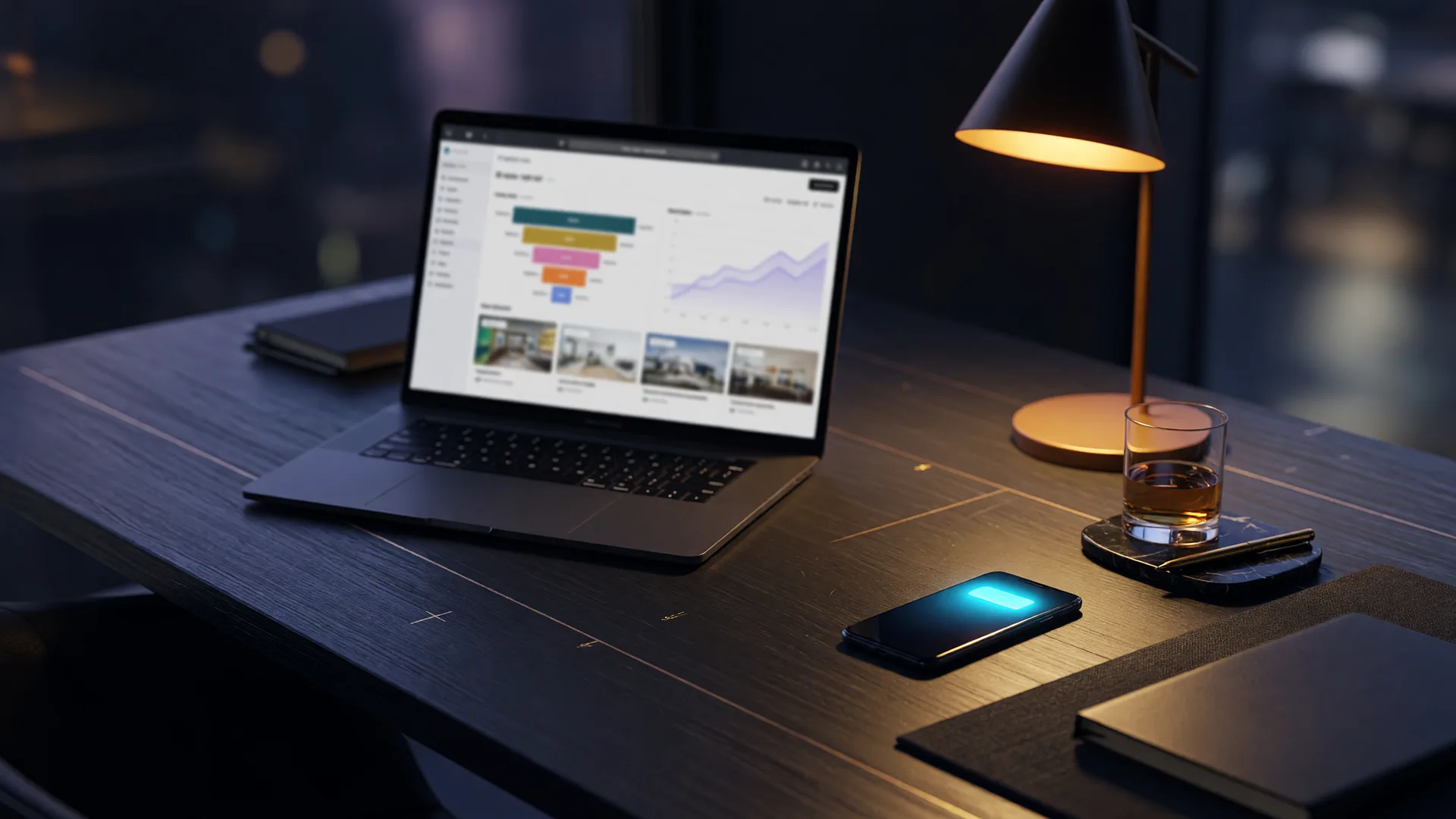 A dark home-office desk at night with a glowing real estate dashboard on a laptop and a warm amber lamp, representing the AI systems and automation that increase real estate production