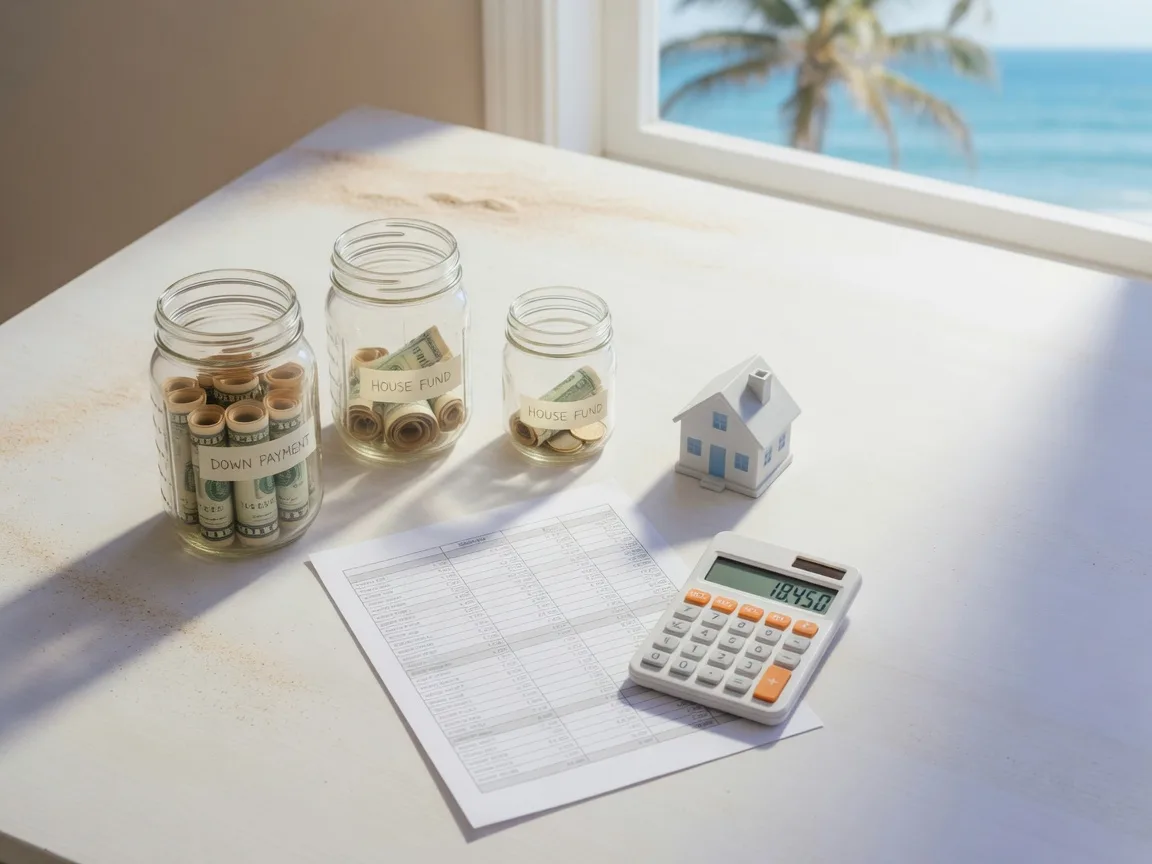 Flat-lay of savings jars filled with rolled bills, a calculator, a miniature house, and an amortization sheet on a bright table
