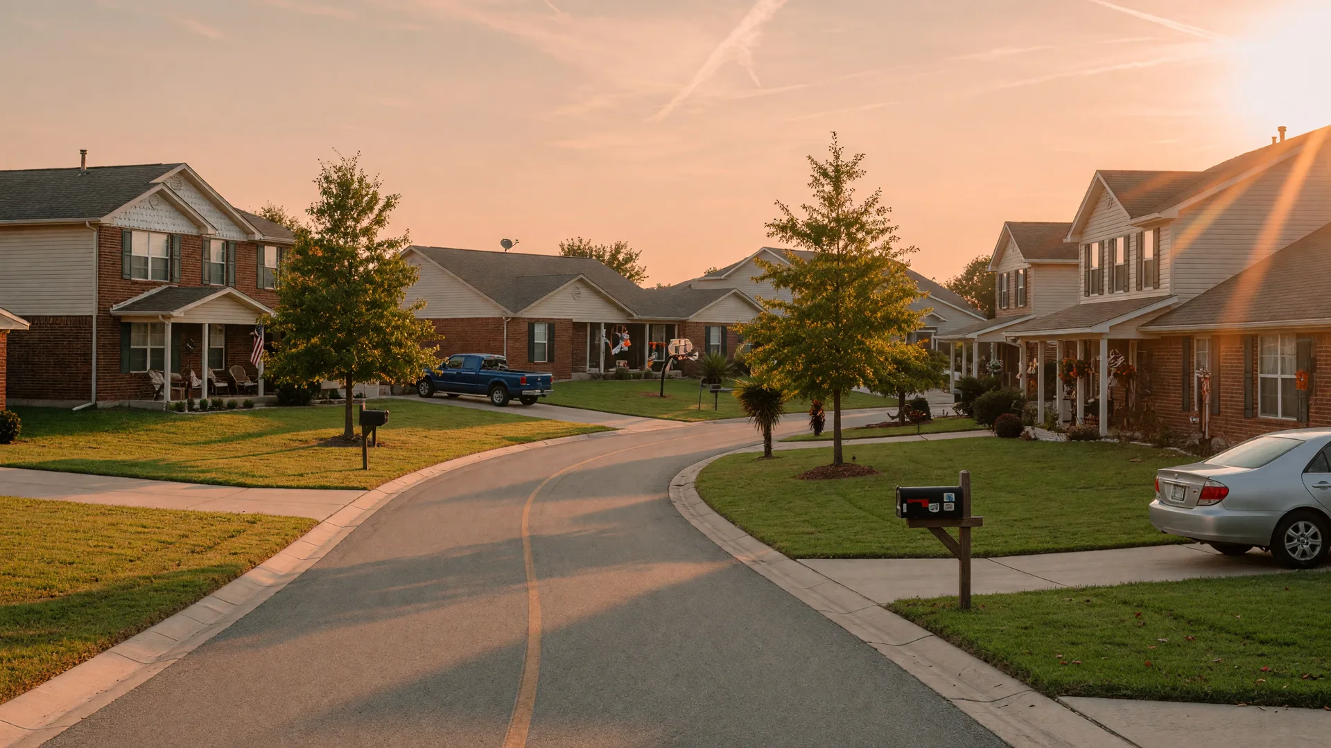 A quiet Brentfield street of late-1990s brick ranch and two-story family homes with neat lawns in warm golden afternoon light, in the San Antonio home inspection service area of Rodeo Home Inspections