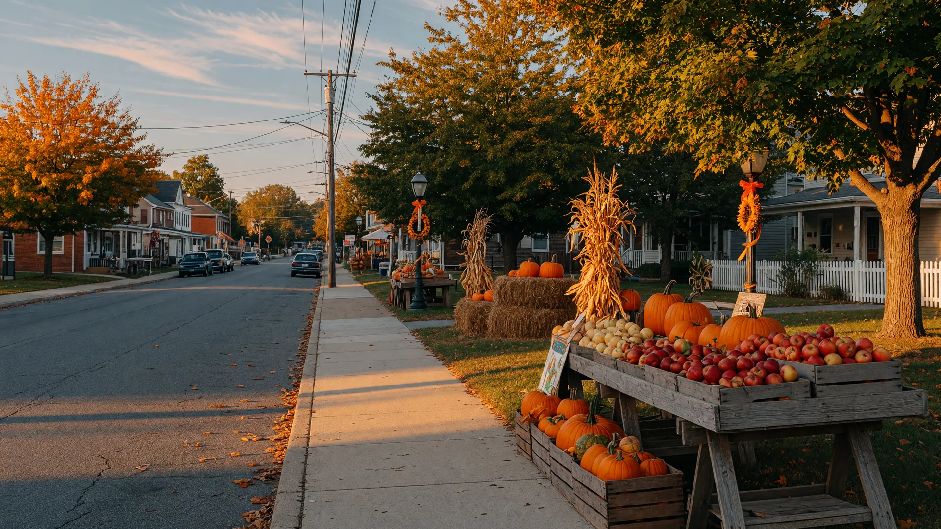 Golden-hour light on a small-town Pennsylvania street in early autumn, with turning maples and a farm market stand of apples and pumpkins