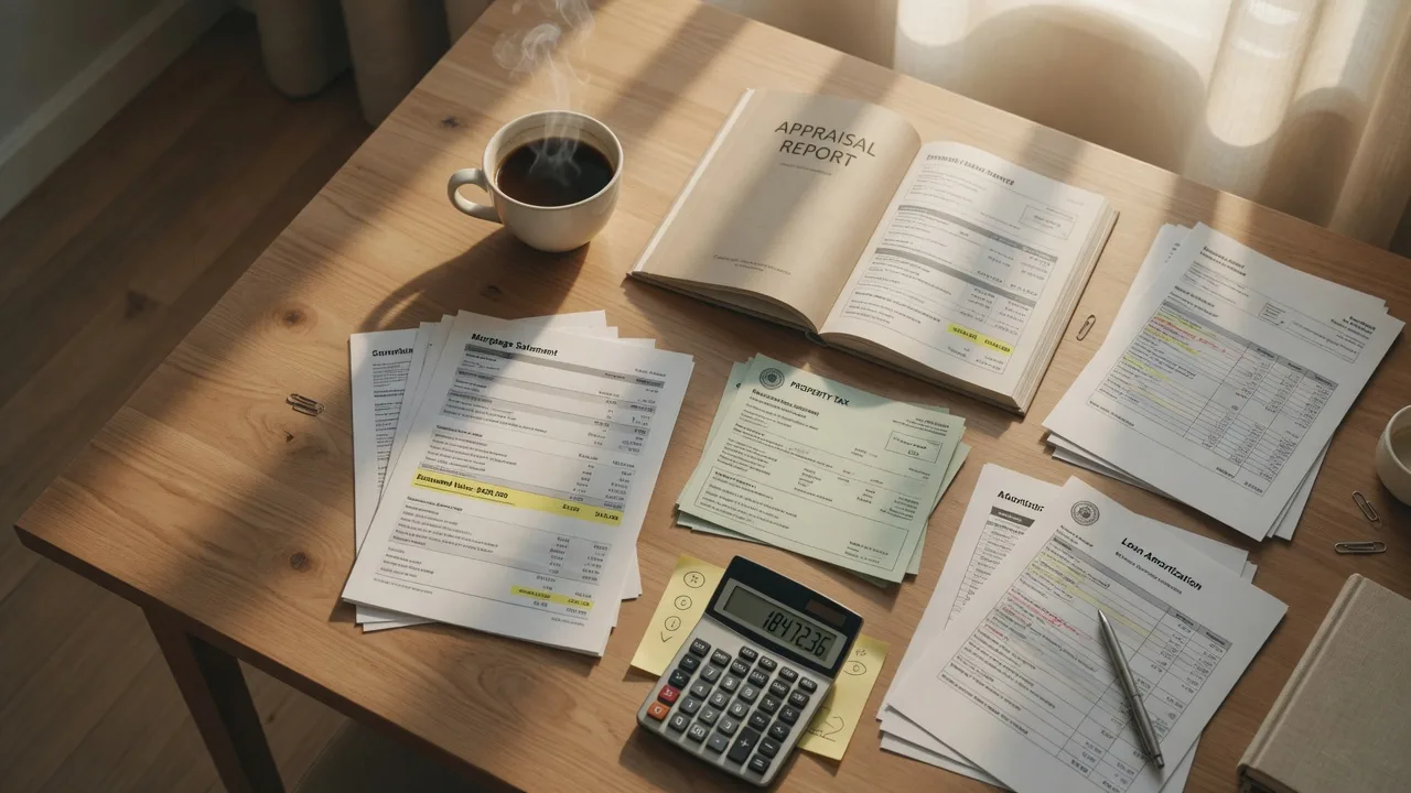 Overhead view of financial documents, calculator, property tax forms, and a coffee cup representing cost of living analysis