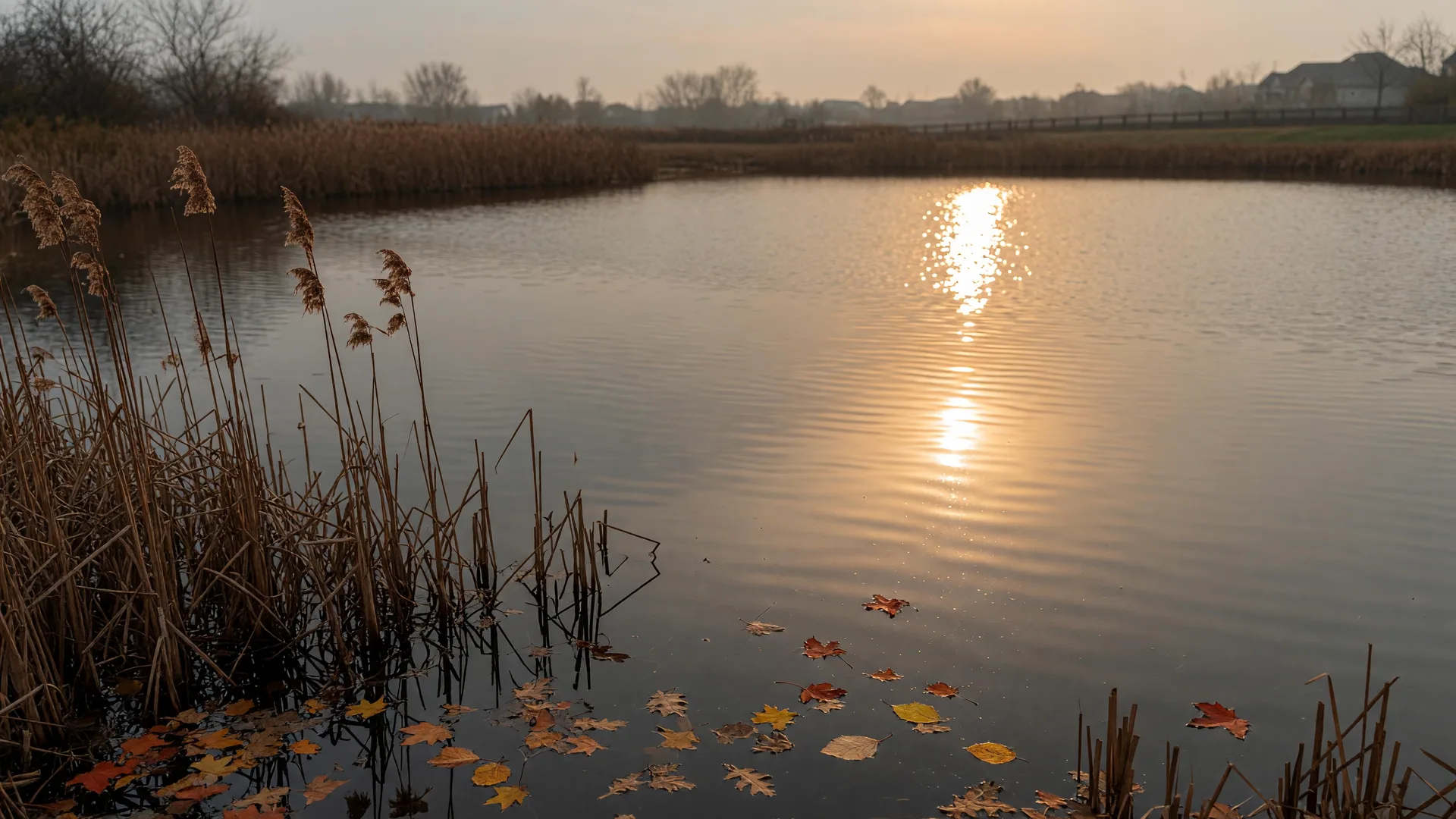 Low amber light crossing still pond water in autumn