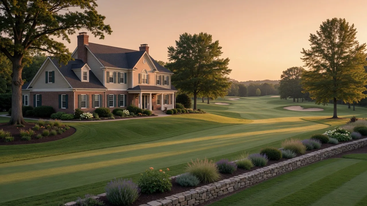A stately estate home on a manicured lot beside a rolling golf fairway in The Polo Fields community west of Ann Arbor