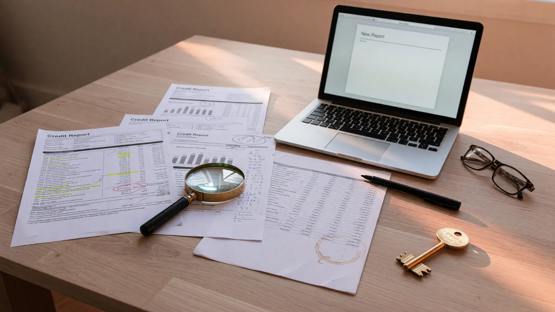 A first-time homebuyer's planning desk with three printed credit report documents fanned out, a laptop, a magnifying glass, a pen, reading glasses, and a brass house key in warm morning light