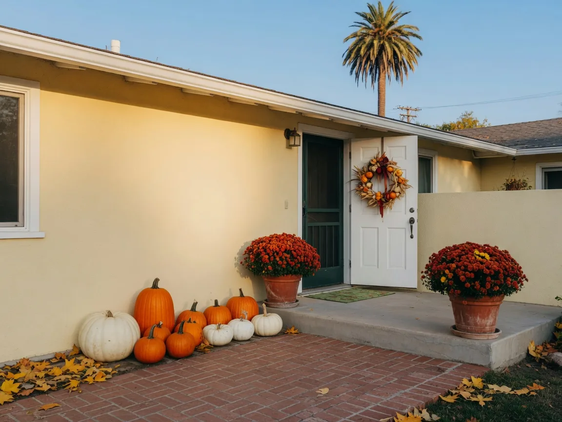 The front porch of a Central Valley home styled for a fall sale with white and orange pumpkins beside the door, a harvest wreath, and rust chrysanthemums in clay planters