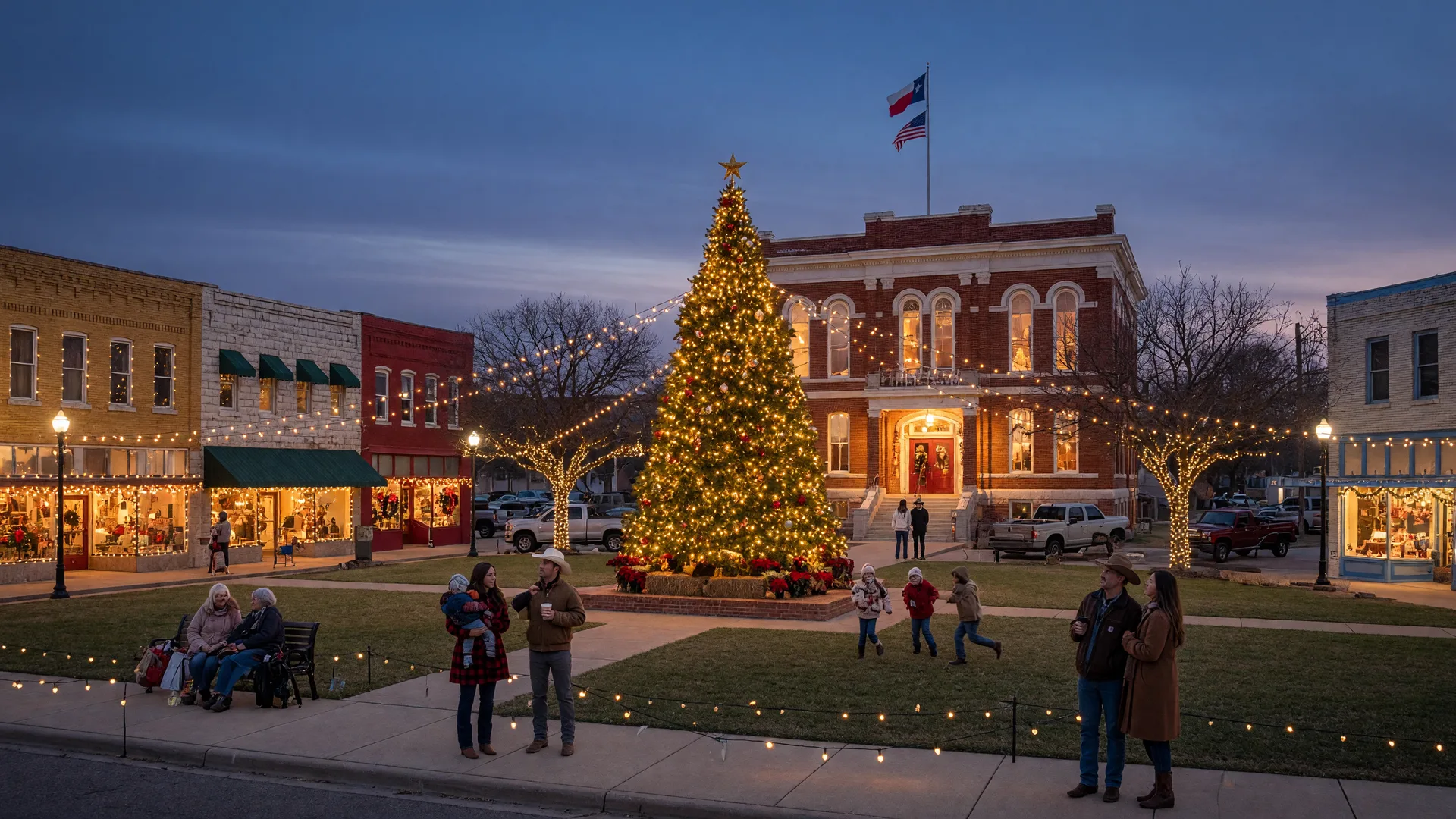 A small-town Texas courthouse square at dusk with a glowing community Christmas tree and families gathered under string lights