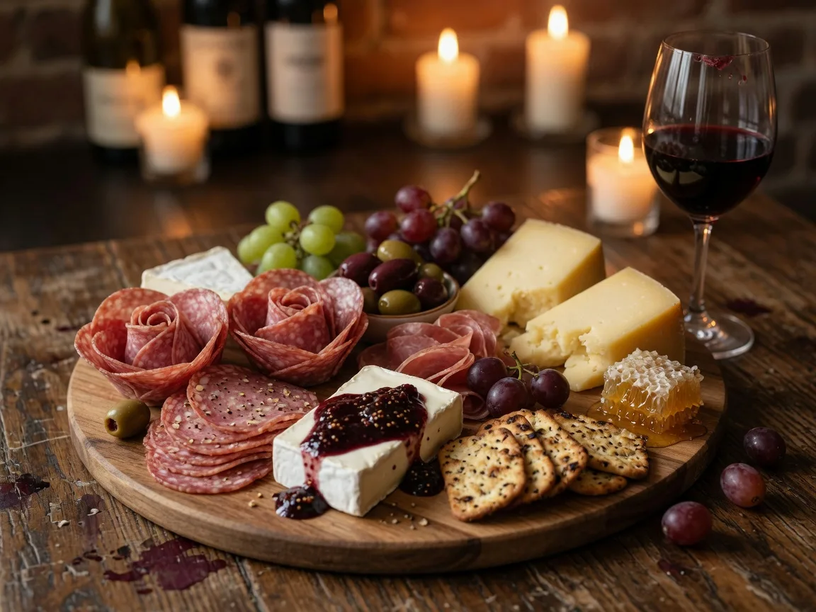 Artisanal charcuterie and cheese board with salami, gouda, brie, and a glass of red wine at Cork It Braselton