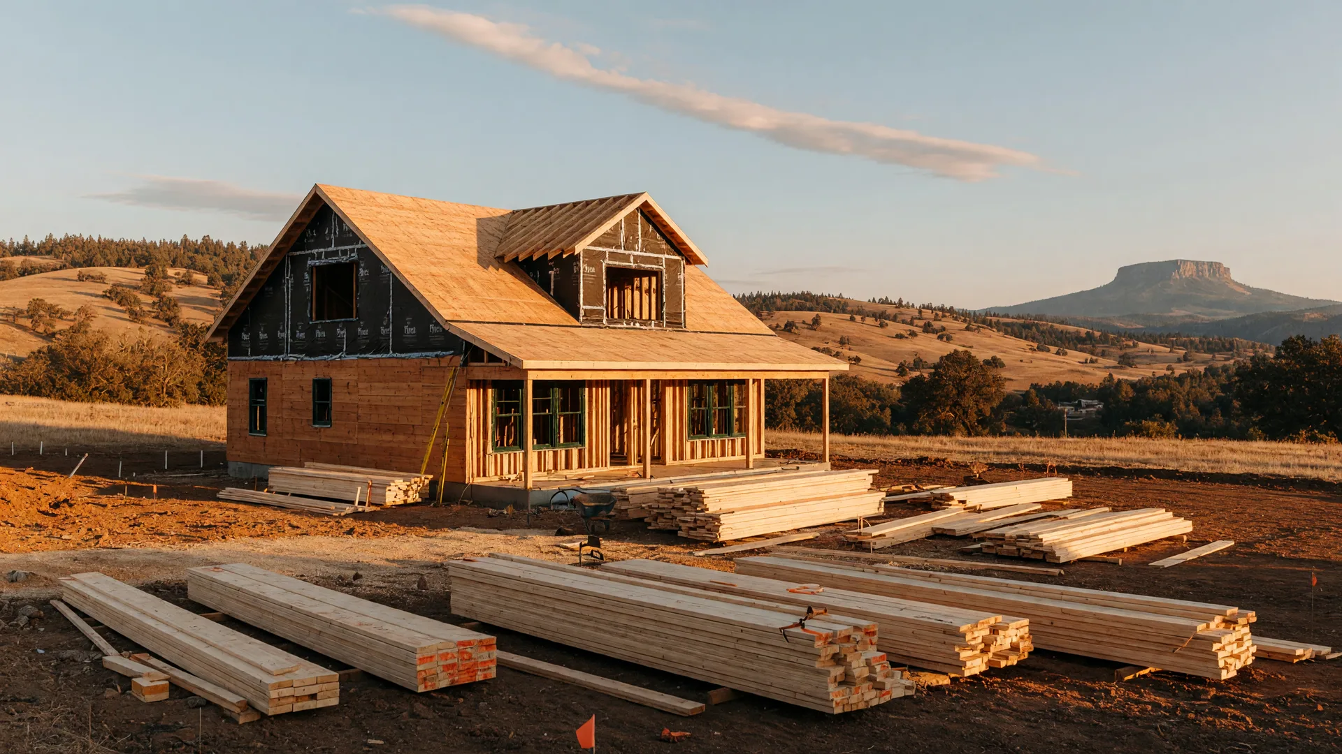 A framed two-story custom home under construction on cleared land in the Rogue Valley, with golden foothills in the distance