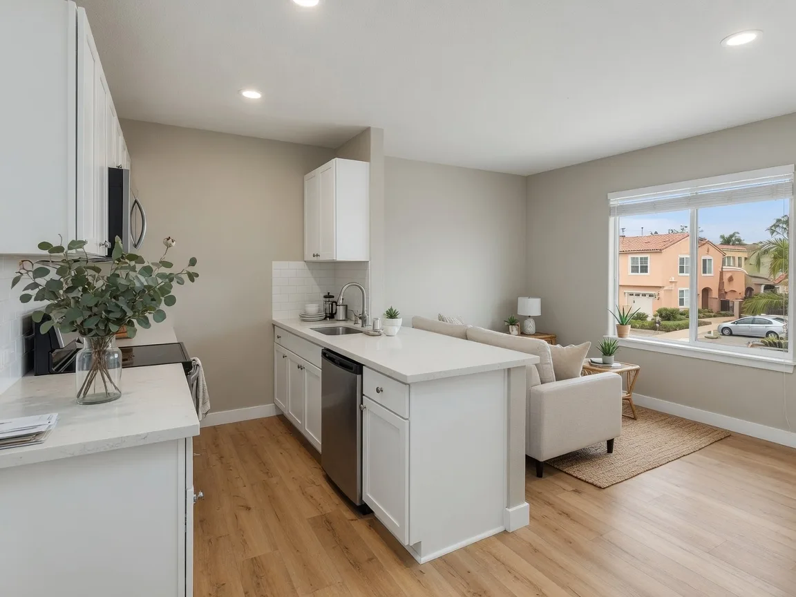 The bright renovated kitchen of a San Diego rental unit, with white cabinets and light counters opening into a living area