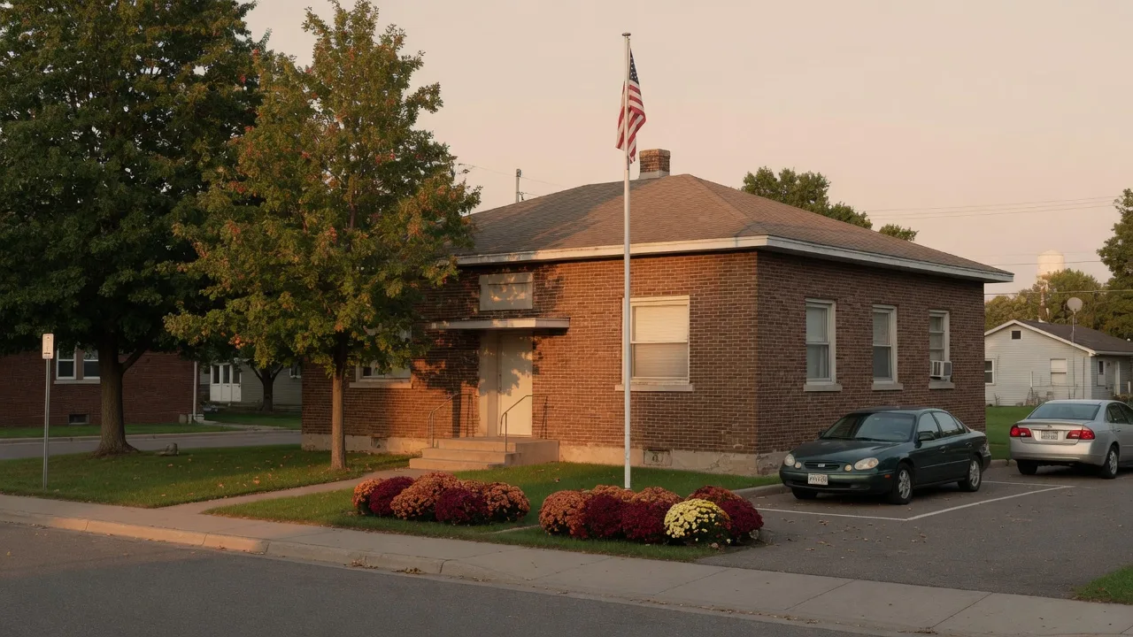Modest mid-century brick city hall building in a small Minnesota town with a flagpole in late-afternoon light
