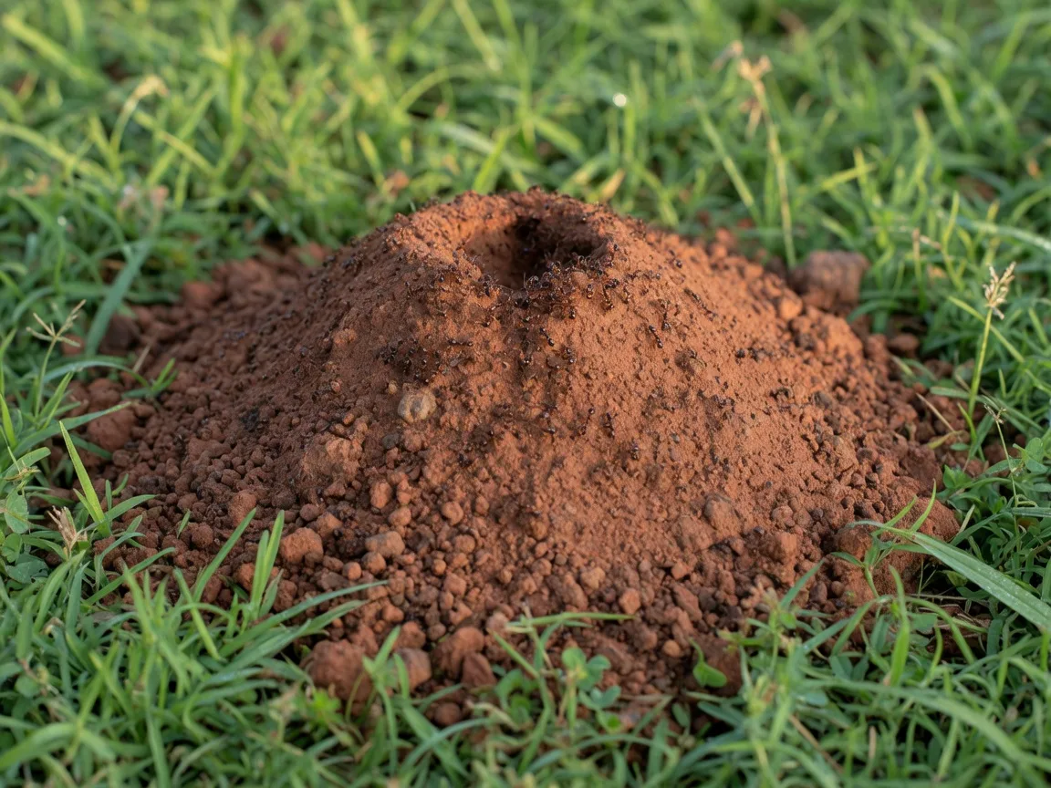 A low reddish-brown red imported fire ant mound in a Texas Hill Country lawn with small red fire ants crawling over the loose soil dome