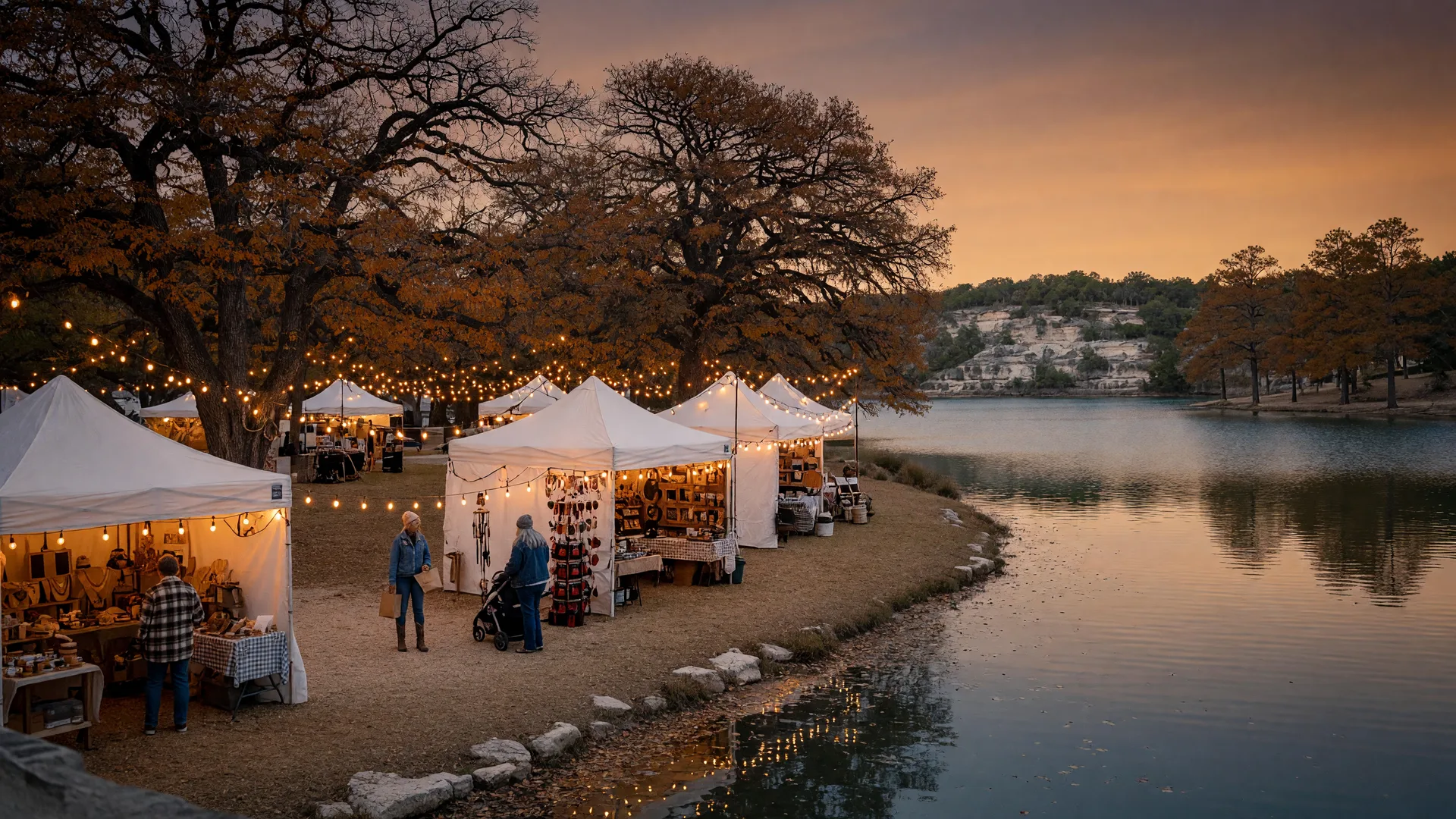 A Texas Hill Country fall festival at dusk: vendor tents and craft booths under string lights in live oaks along a calm lake shoreline, with warm golden-hour light and limestone hills in the distance