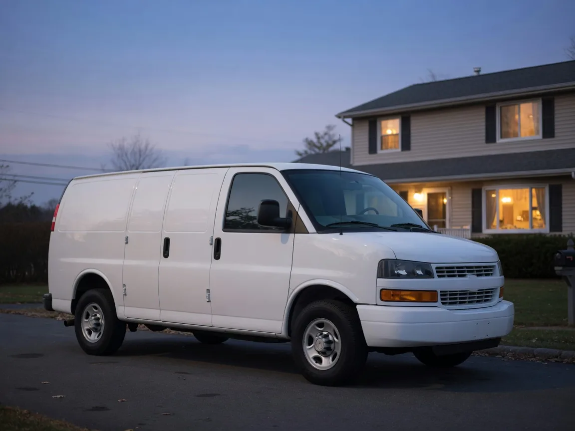 Metro restoration service van parked at a home in the evening