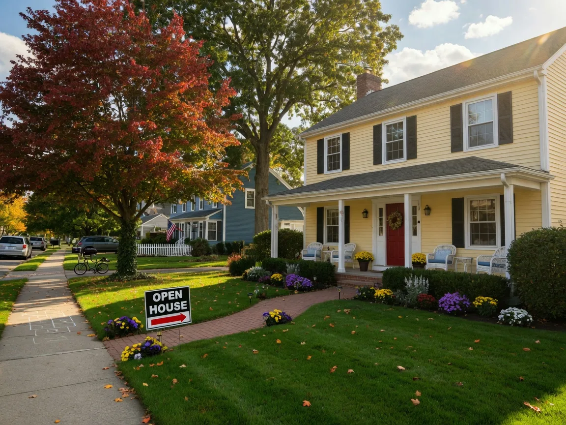 Welcoming suburban home exterior with an open house sign on the front lawn on a sunny afternoon
