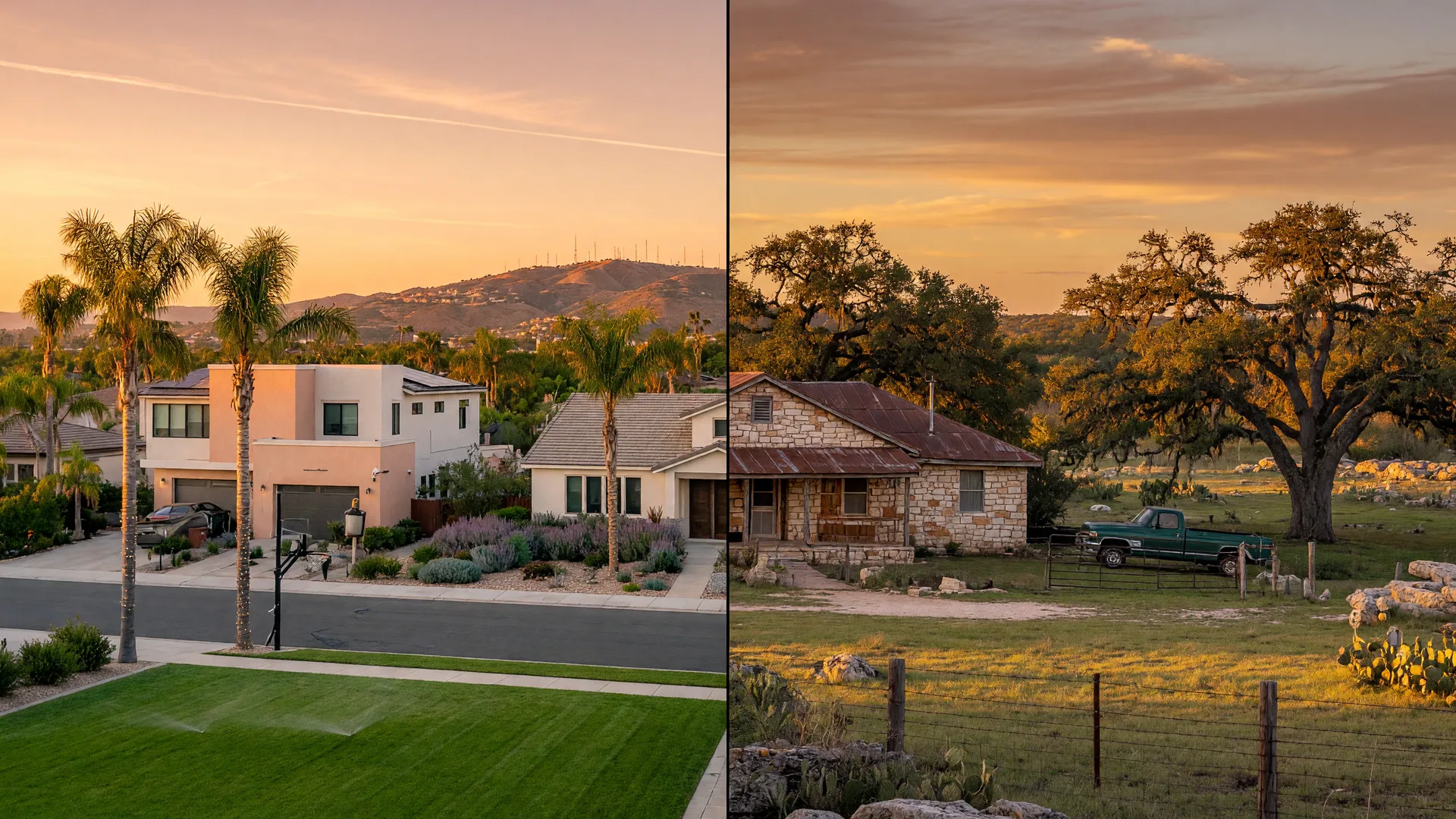 Split-screen comparison of a California suburban neighborhood with palm trees and a Texas Hill Country property with limestone architecture and live oaks under golden-hour light