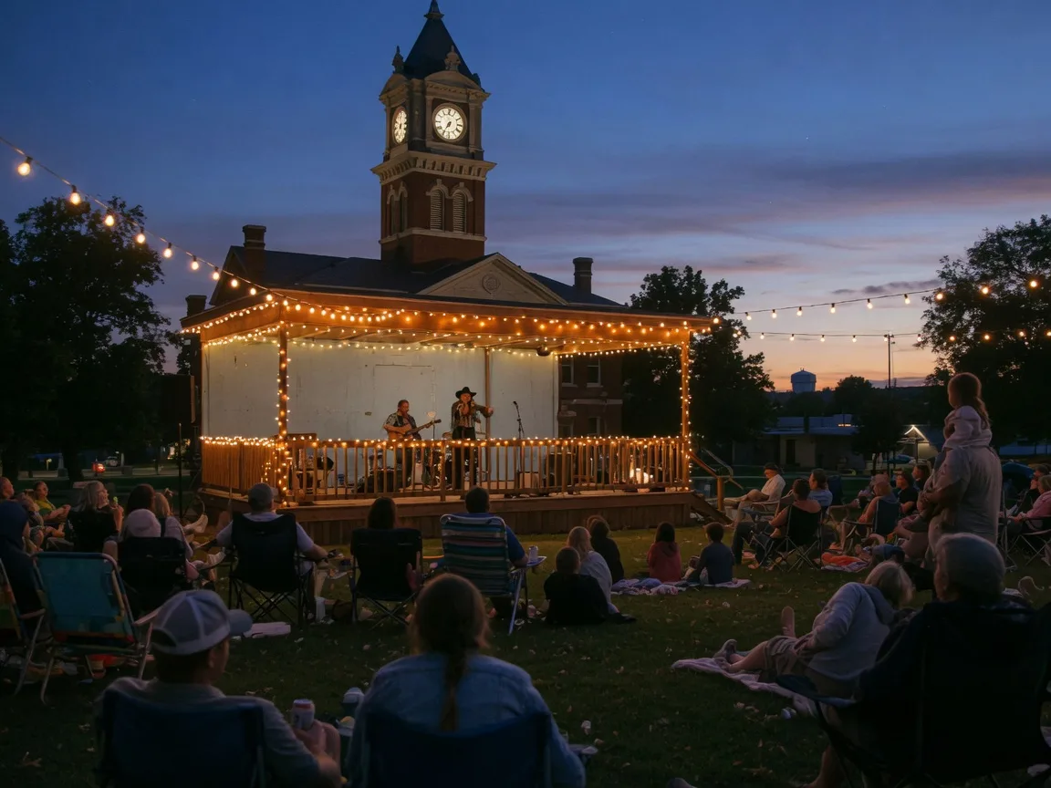 An evening crowd on the lawn facing a string-lit park stage with a courthouse clock tower in the twilight