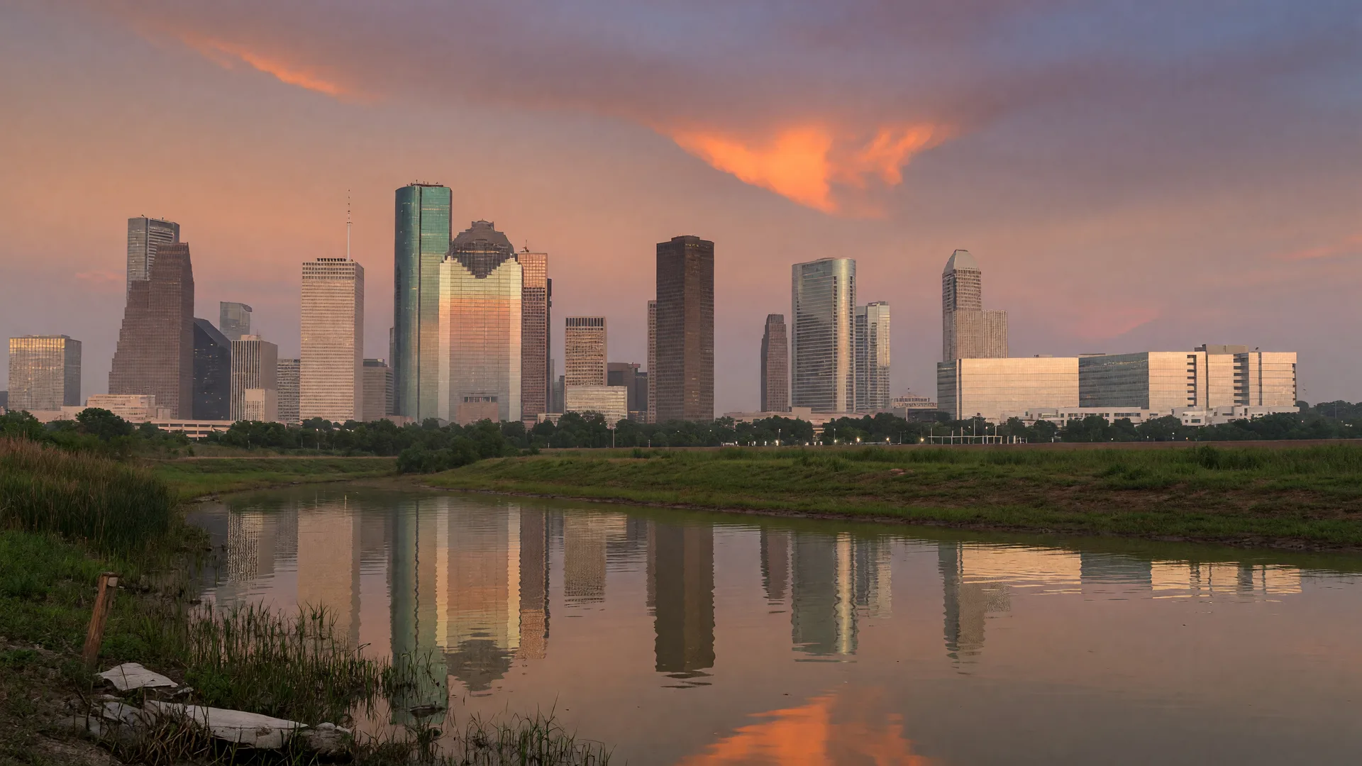 Houston skyline at dusk seen from Buffalo Bayou