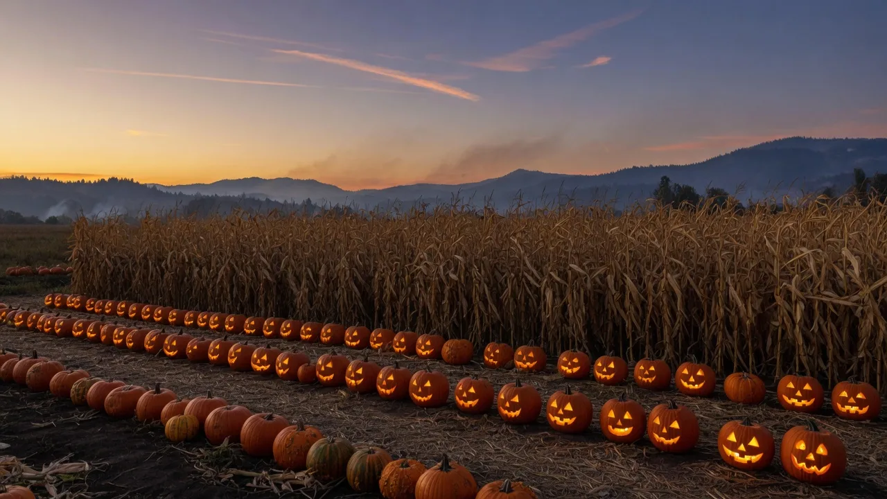 A Southern Oregon pumpkin patch and corn maze at dusk with glowing carved jack-o-lanterns and hazy autumn mountain ridges