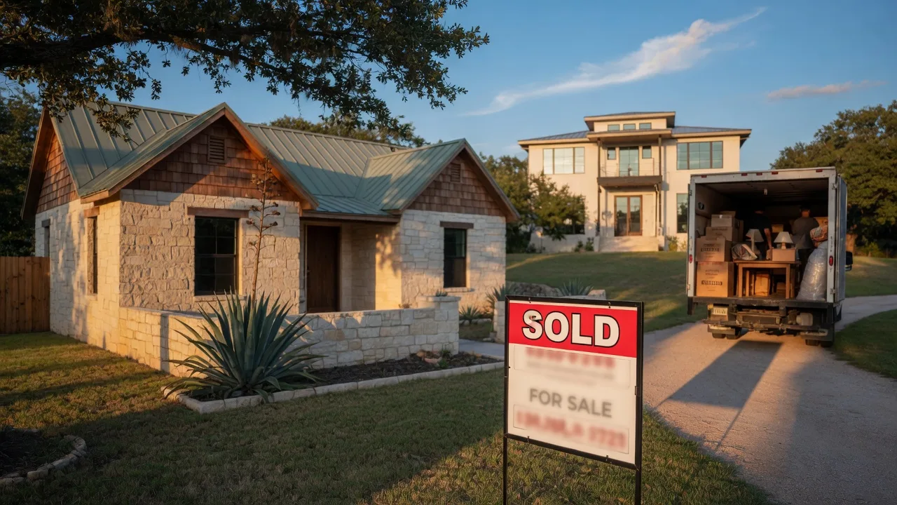 A Texas Hill Country home with a sold sign in the front yard and a moving truck behind it, representing a move-up seller