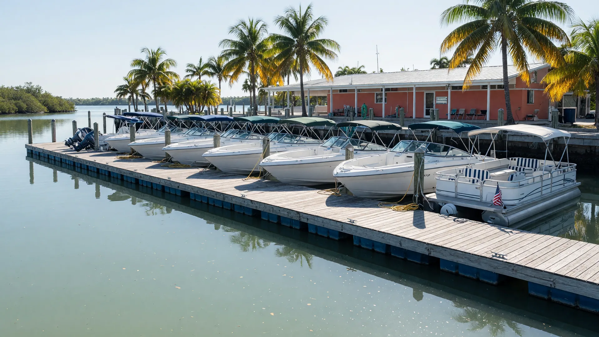 White powerboats and a pontoon moored along the floating wooden docks of a small Southwest Florida marina on a bright autumn morning
