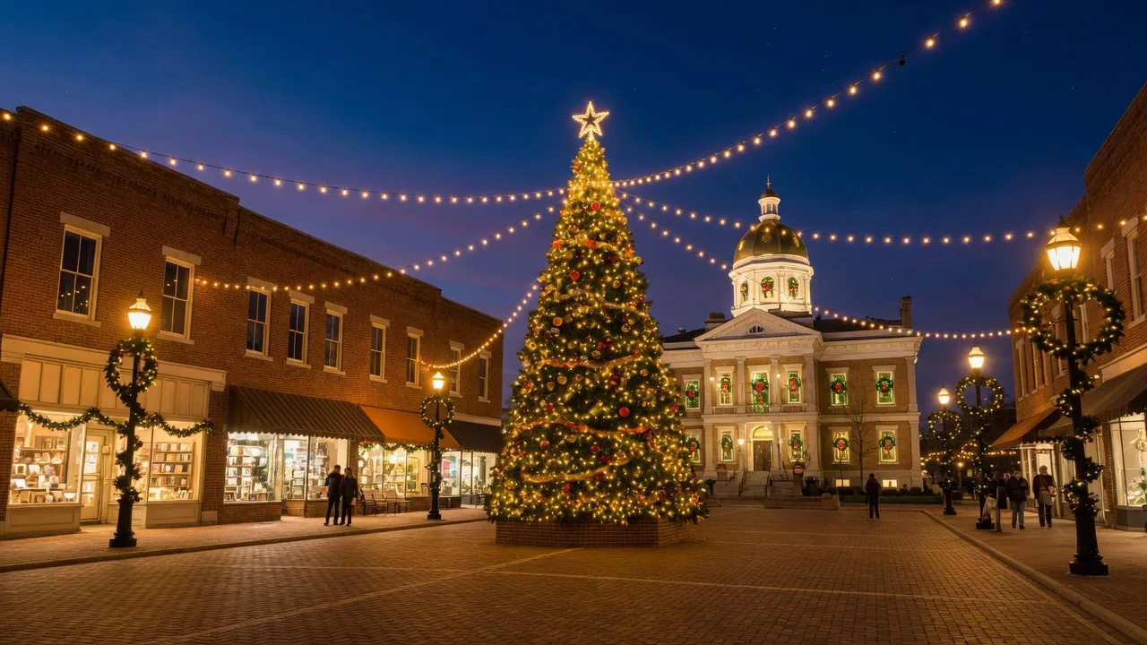 The Historic Public Square in Dahlonega at night, a tall lit Christmas tree at its center beneath the gold-domed courthouse