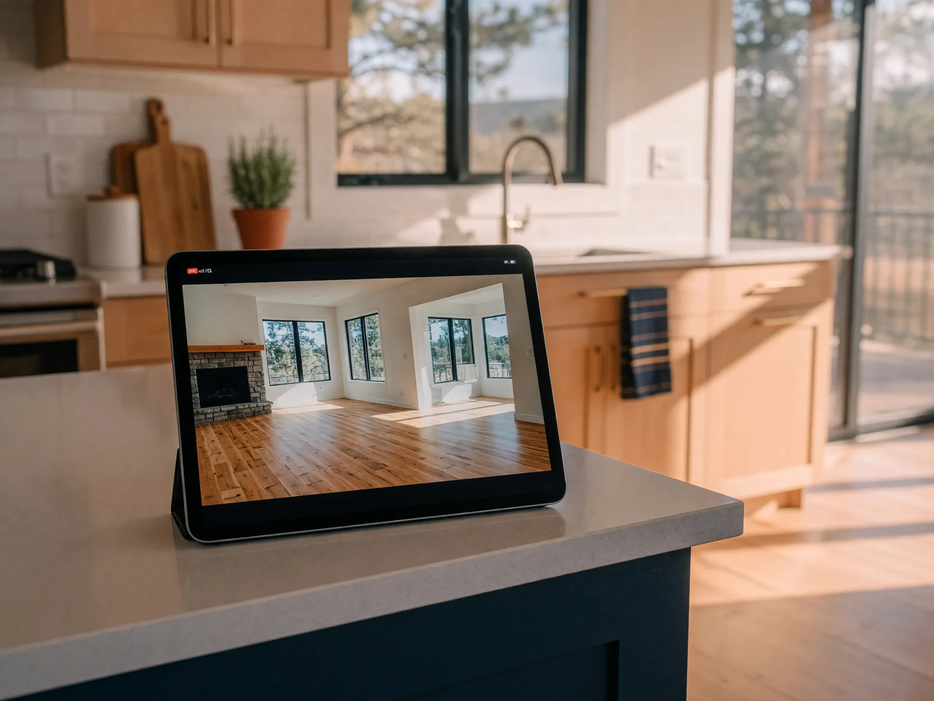A tablet showing a live video walkthrough of a home, seen from the kitchen counter