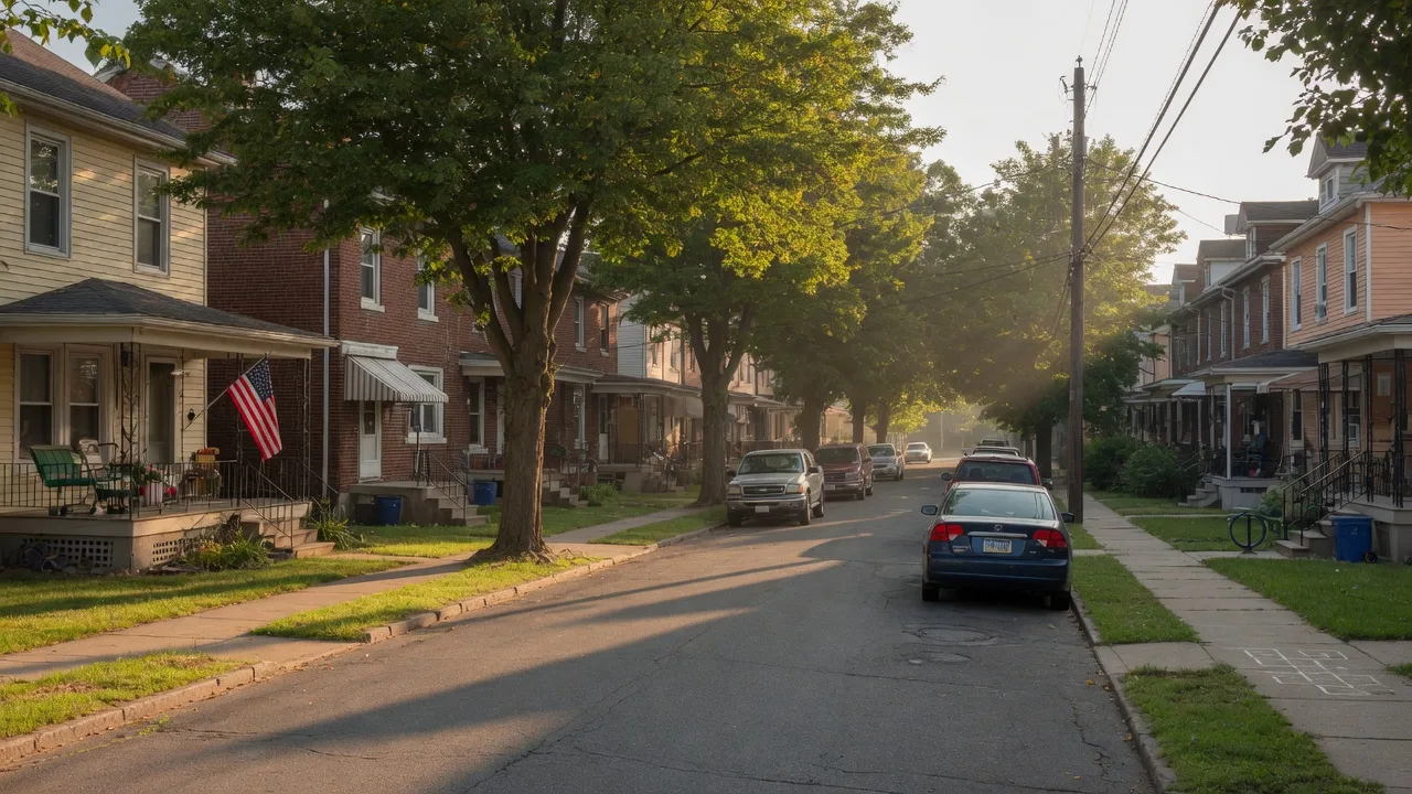 Quiet tree-lined residential street in Glenolden, Pennsylvania with older single-family homes and rowhomes on a sunny summer morning