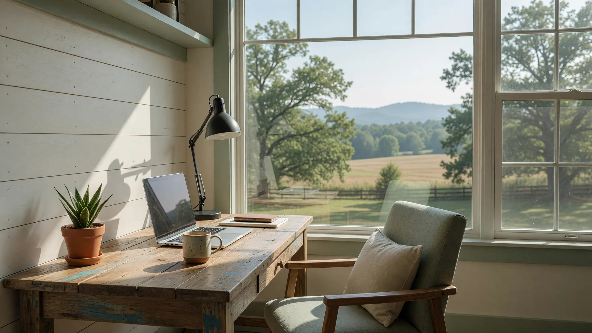 A bright home office with a desk beside a window overlooking a leafy yard and bluegrass countryside in South Central Kentucky