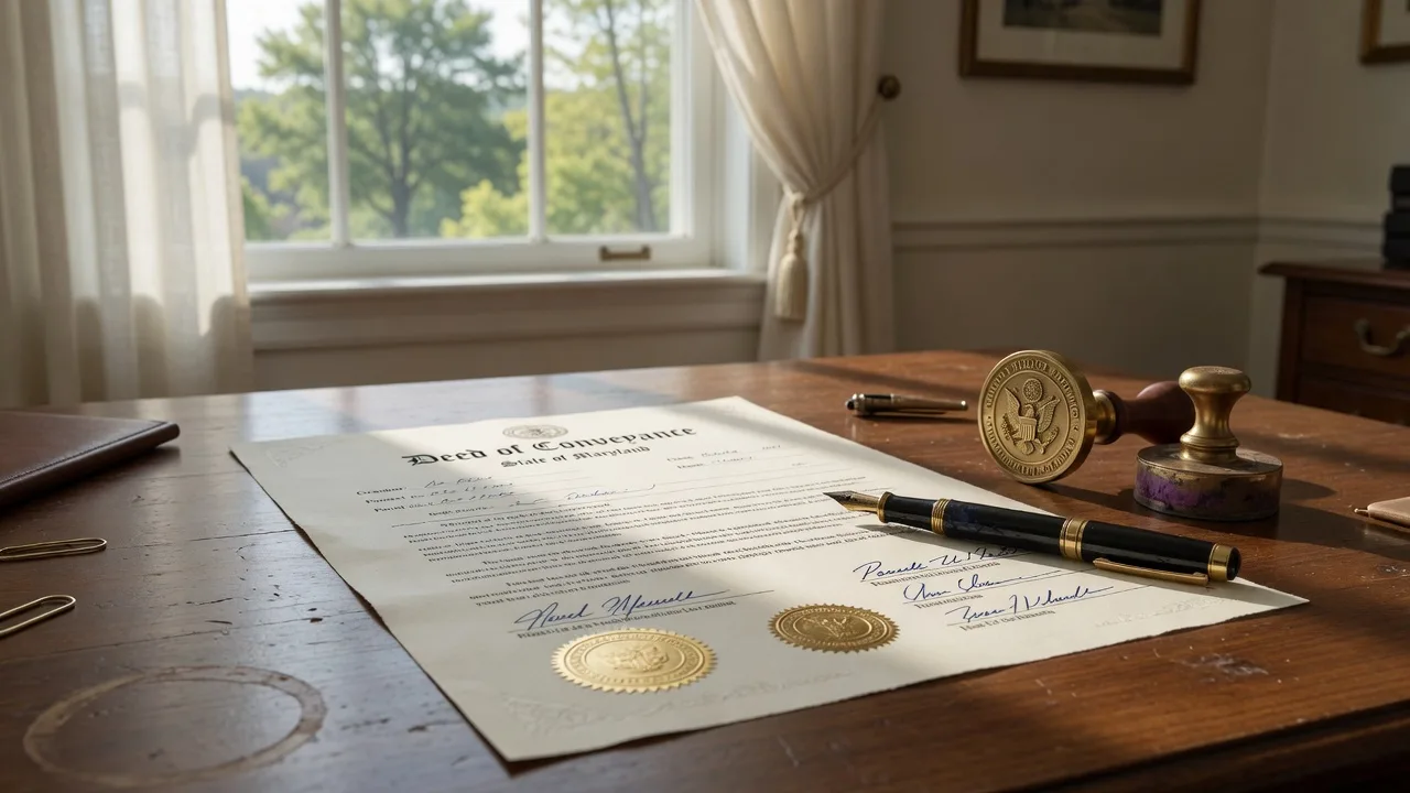 A property deed document on a dark wooden desk with a fountain pen and notary seal, soft natural window light, representing Maryland's new transfer-on-death deed law