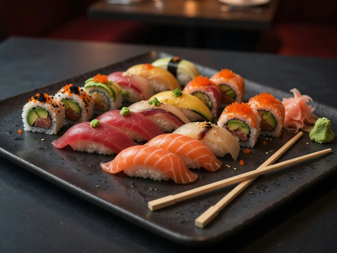 Elegant sushi platter with nigiri and specialty rolls at Sushi Niko Niko in Buford Georgia