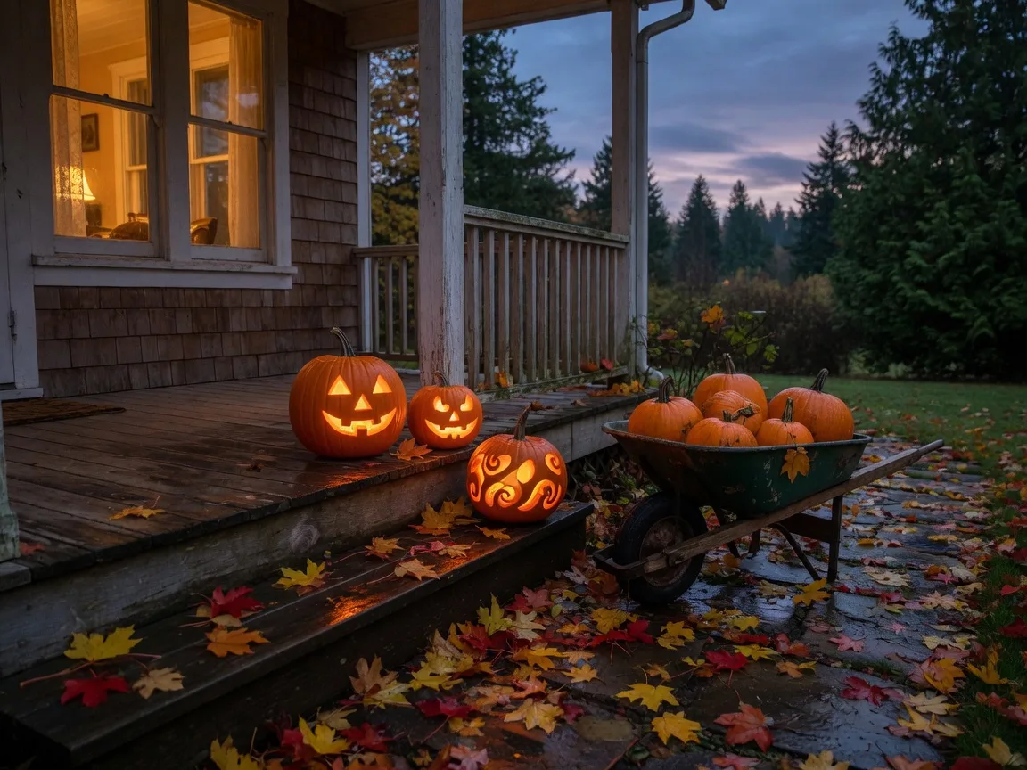 Carved jack-o-lanterns on a Pacific Northwest porch at dusk with wet autumn leaves