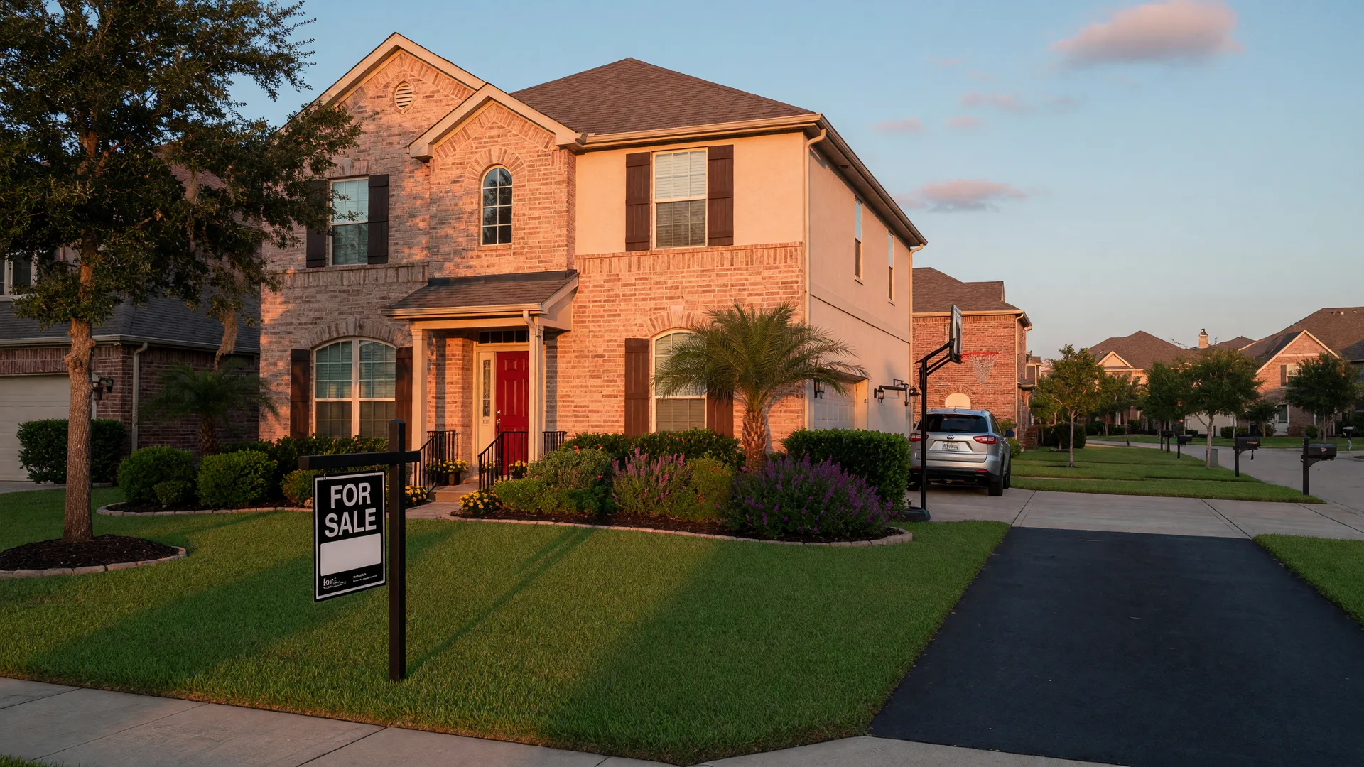 Illustrative image of a well-kept suburban Texas home in a master-planned community with a For Sale sign in the front lawn at golden hour
