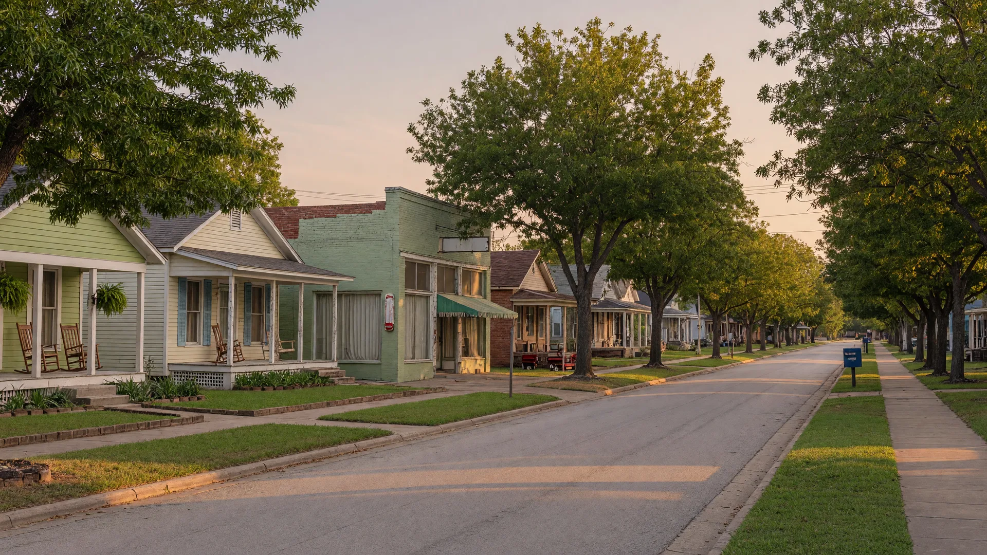 A quiet residential street in a small Texas town where older single-family homes stand beside a former commercial storefront under mature trees