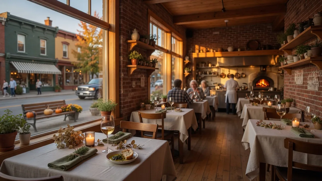The warm interior of a farm-to-table restaurant in a small Ontario town with exposed brick, wood tables set with wine glasses and golden evening light through large front windows, representing Urban Pantry in Uxbridge