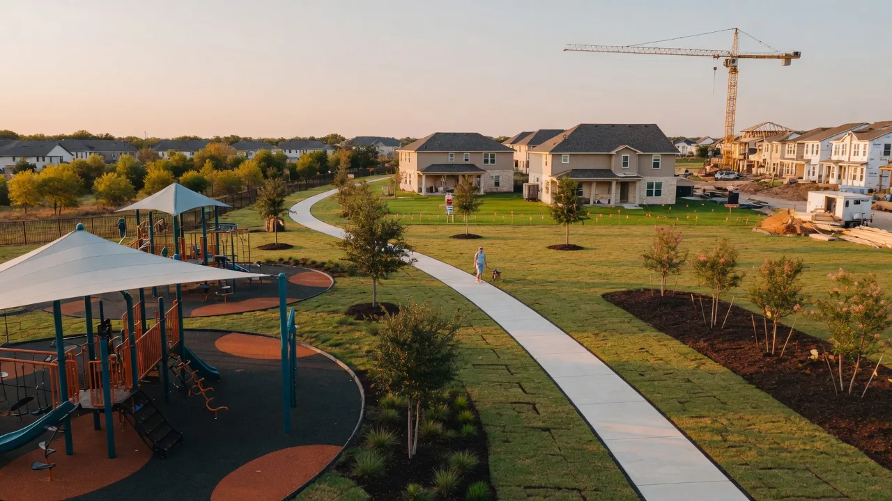 Newly completed neighborhood park in northwest Frisco with new construction homes in the distance