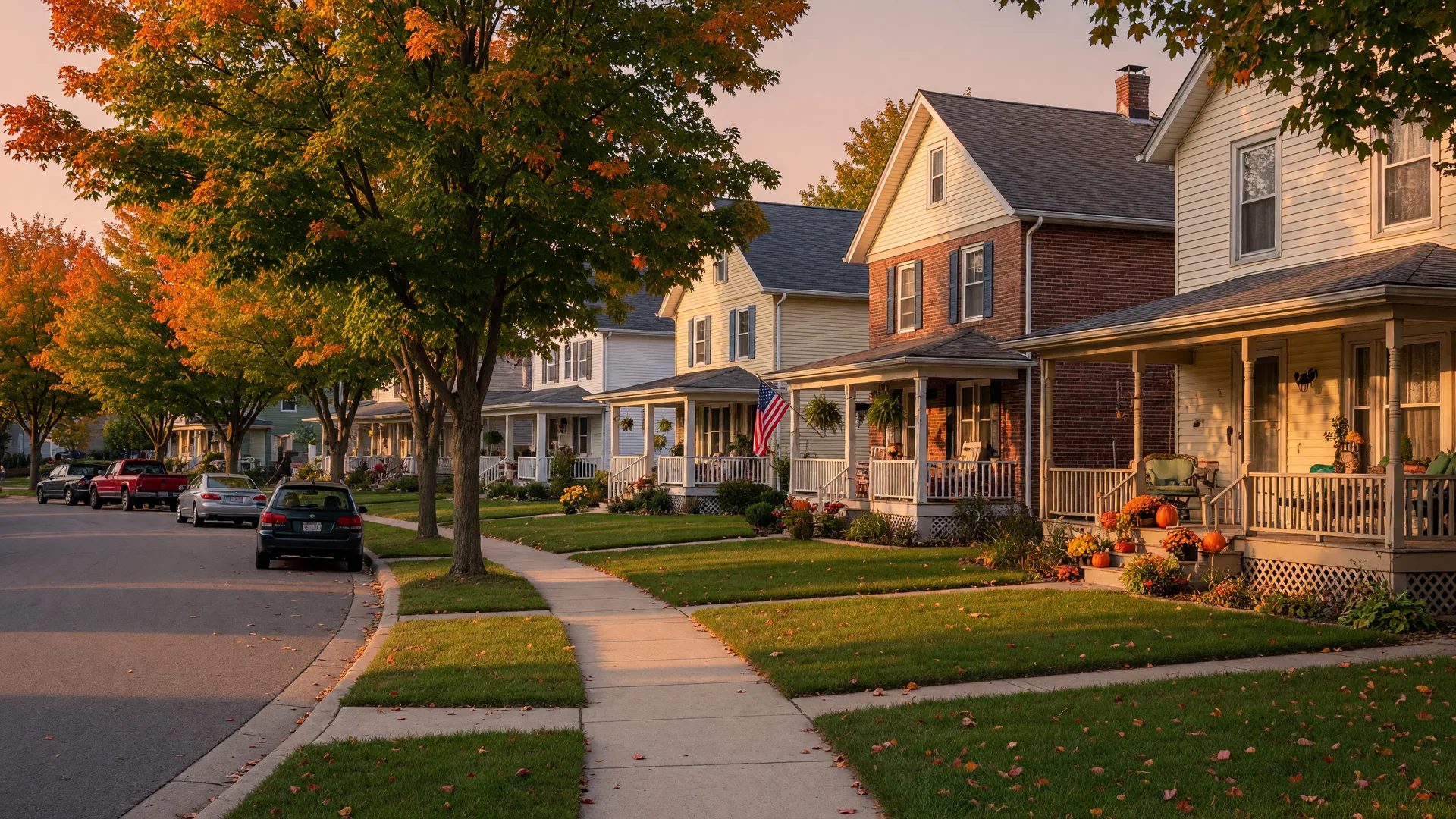 A quiet residential street lined with porched homes and autumn maples