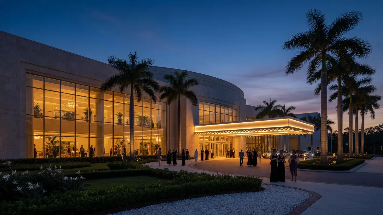 Evening concert at an elegant Florida performing arts center with warm lobby lights, palm trees, and a deep blue twilight sky