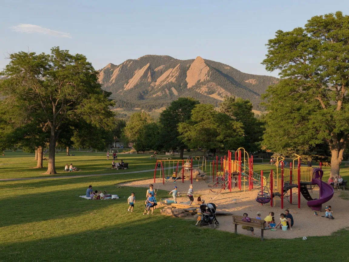 Neighborhood park and playground in the Renaissance area of south Boulder with mountain views