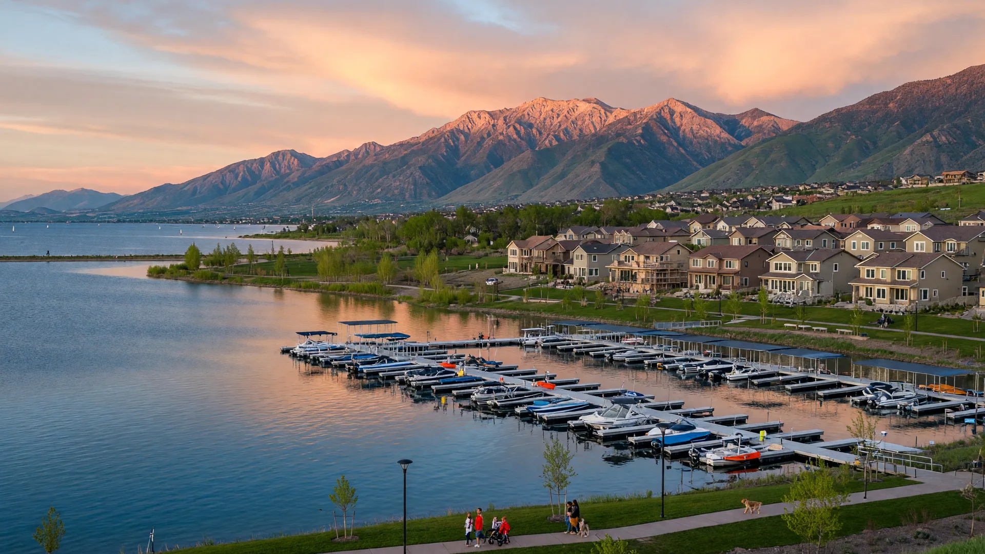 Saratoga Springs, Utah — the Utah Lake shoreline with marina, boat docks, and fast-growing lakeside community with the Wasatch Range in the distance