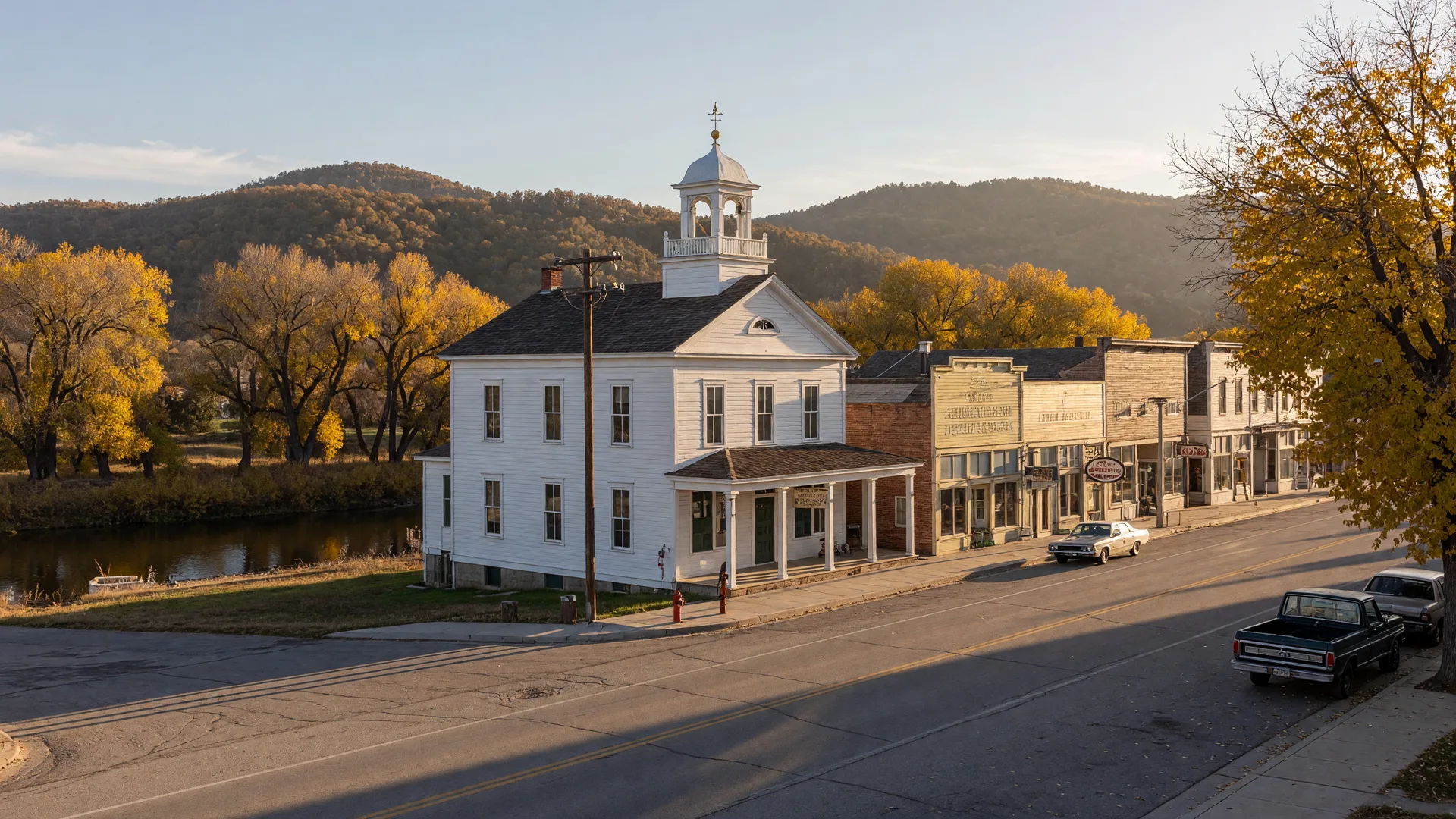 The restored 1857 Snelling Courthouse, a white two-story wooden building with a cupola, at the edge of historic Main Street in Snelling, California on a clear late-October afternoon, with 19th-century storefronts, golden cottonwoods along the Merced River behind the town, and hazy oak foothills on the horizon