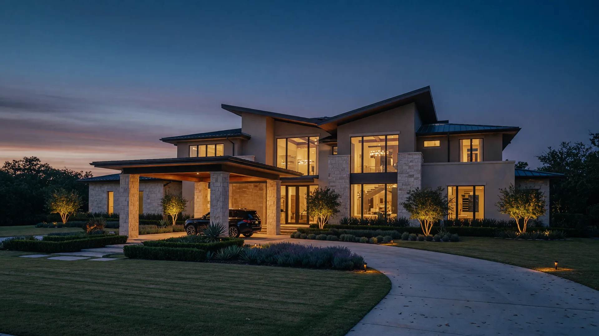 Modern luxury estate home in Southlake, Texas at blue-hour dusk